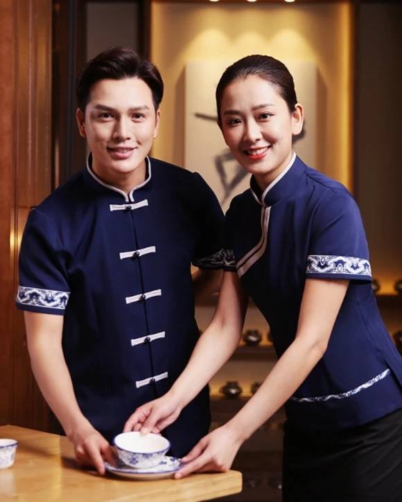 ชุดพนักงานร้านอาหารจีนสไตล์โมเดิร์น ชุดฟอร์มพนักงานต้อนรับ ชุดพนักงานเสริฟ