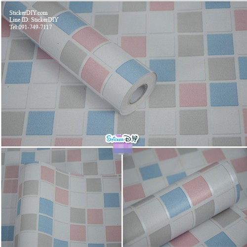 (กว้าง45cm.xยาว10m.)Wallpaper sticker วอลเปเปอร์แบบกาวในตัว ลายโมเสค สไตล์A สีชมพู