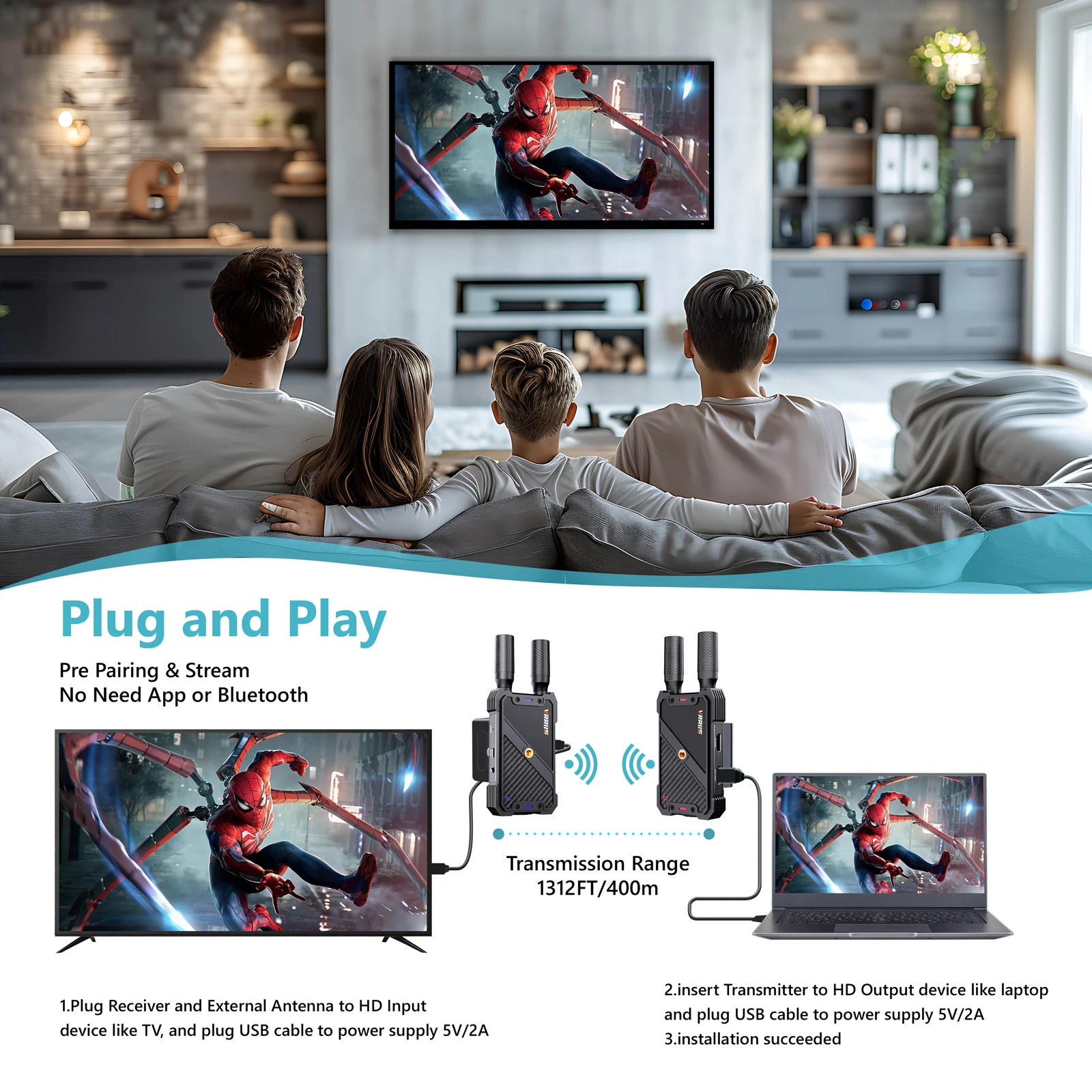 VRRiiS Pro WL082 set อะแดปเตอร์รับส่งสัญญาณวิดีโอ HDMI ไร้สาย ระยะไกล สูงสุด400ม. เพิ่มตัวรับได้สูงสุด 5จุด