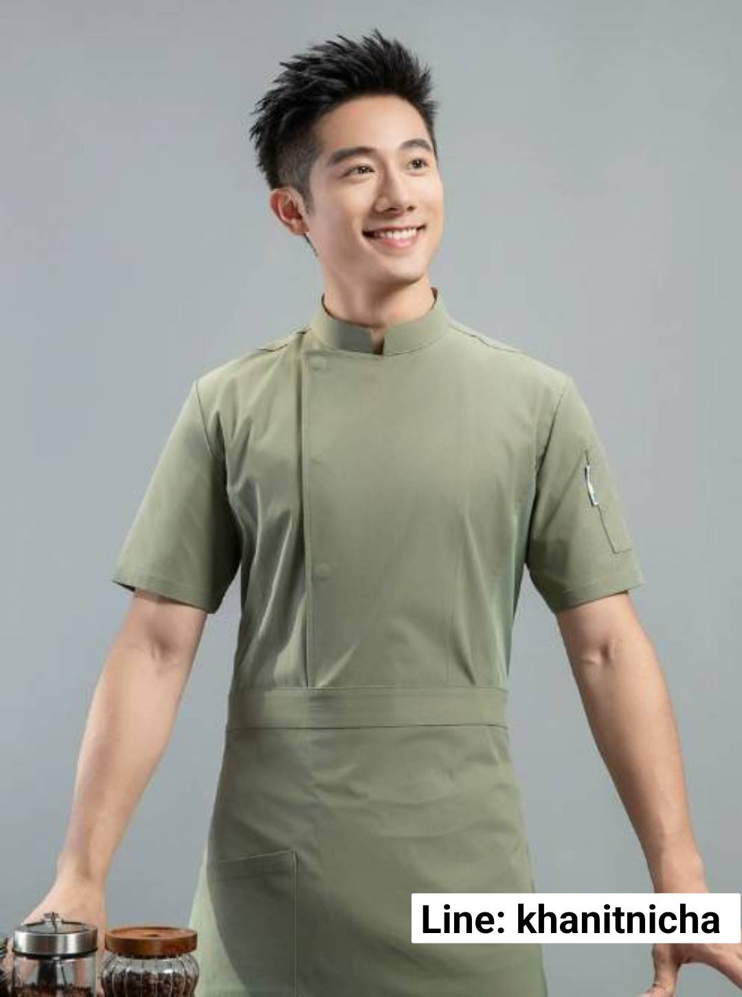 เสื้อเชฟยืดหยุ่นแขนสั้น โรงแรม ร้านอาหารจีน ร้านบาร์บีคิว สีเขียวขี้ม้า สีดำ สีขาว สีเทา สีกากี
