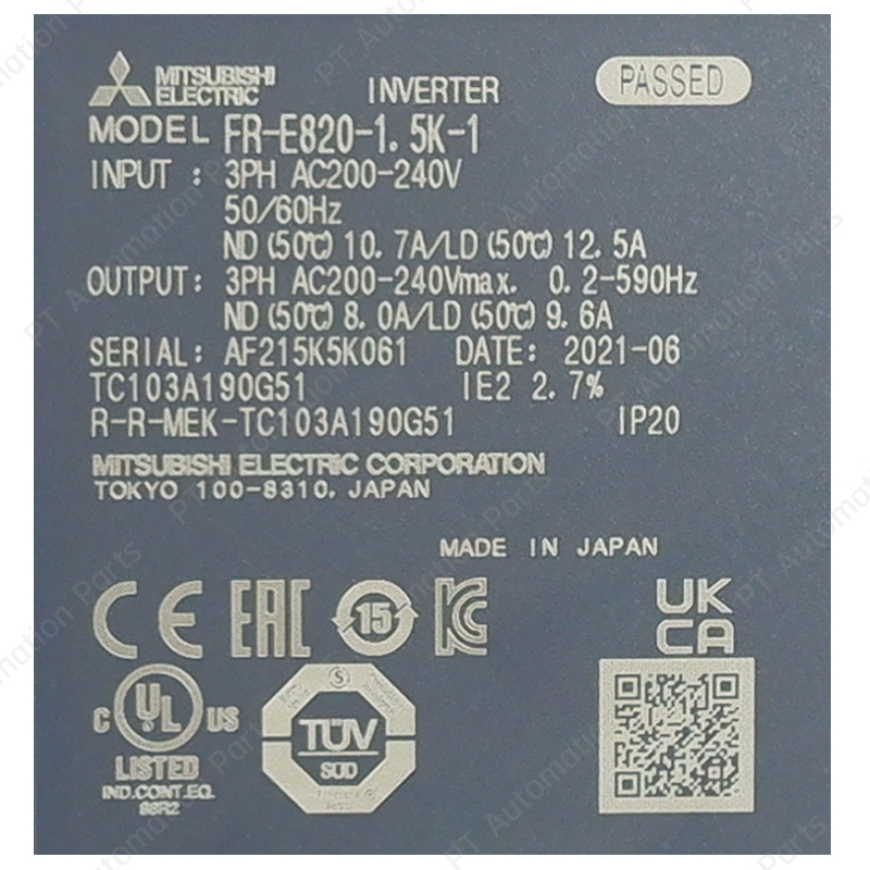 Mitsubishi FR-E820-1.5K-1 Inverter 1.5KW 2HP Input 3-Phase 200-240VAC Output 3-Phase 200-240VAC 0.2-590Hz E800 Series อินเวอร์เตอร์ มิตซูบิชิ เครื่องควบคุมความเร็วรอบมอเตอร์ สำหรับมอเตอร์ 2แรงม้า