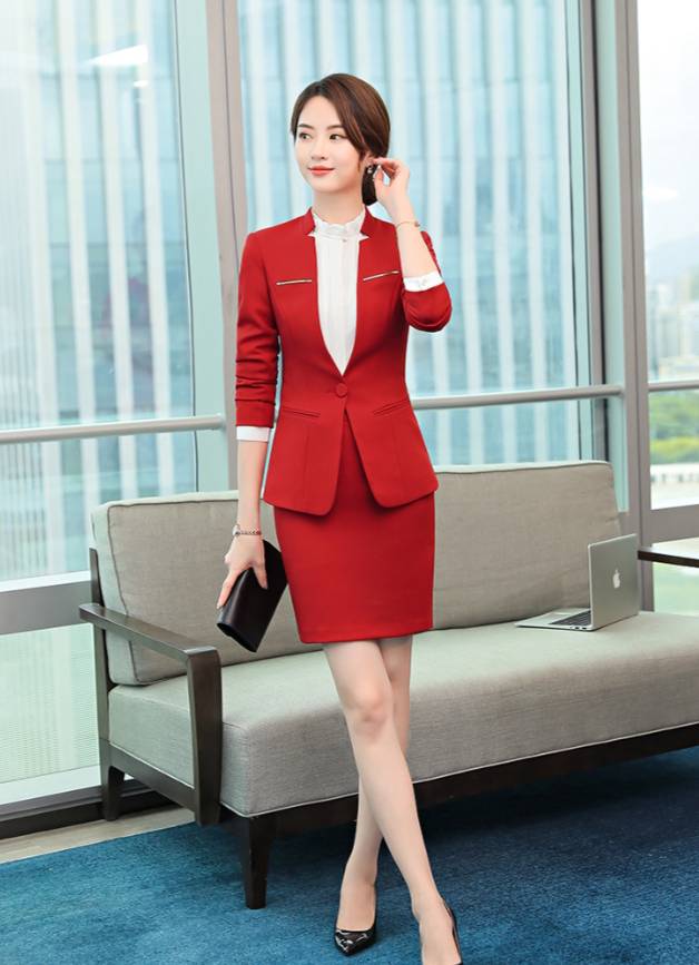 ชุดสูทกระโปรงสีแดง ชุดสูทกางเกงสีแดง สีเทา สีดำ ชุดพนักงานออฟฟิศ ชุดพนักงานต้อนรับโรงแรม