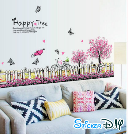 Transparent wall sticker สติ๊กเกอร์ติดผนัง รั้วต้นเชอรี่ชมพูม่วง HAPPY TREE (กว้าง108cm.xสูง55cm.)