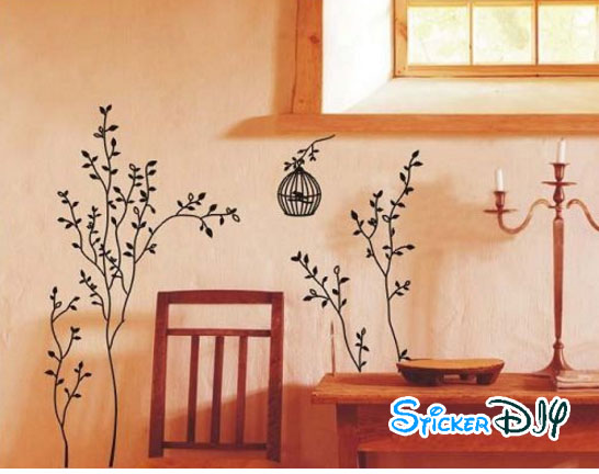 Transparent wall sticker สติ๊กเกอร์ติดผนัง ต้นไม้เล็กกรงนกสีดำ (กว้าง220cm.xสูง150cm.)