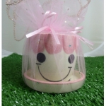 แก้วเพ้นท์หน้าตุ๊กตา สีชมพู พร้อมจานรอง แพ็คถุงผ้าแก้ว