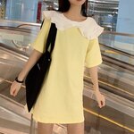 P97541 เสื้อแฟชั่นตัวยาว ผ้ายืดเนื้อดี คอปกระบาย สีเหลือง