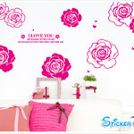 Transparent wall sticker สติ๊กเกอร์ติดผนัง ดอกกุหลาบ I LOVE YOU สีชมพูเข้ม (กว้าง150cm.xสูง81cm.)