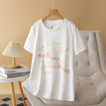 P4018 เสื้อยืดทรงปล่อย สีขาว ผ้ายืดเนื้อนิ่ม พิพม์ลาย