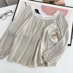 P23403 เสื้อแฟชั่น ผ้าสังเคราะห์เนื้อดี คอแต่งขลิบลูกไม้ 2 สี เทาอ่อน น้ำเงิน