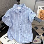 P08405 เสื้อแฟชั่นคอปกกระดุมหน้า แขนระบาย ผ้าฝ้ายลายตาราง สีน้ำเงิน