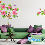 Transparent wall sticker สติ๊กเกอร์ติดผนัง กิ่งไม้ดอกไม้ชมพูและนก (กว้าง178cm.xสูง118cm.)