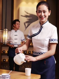 ชุดพนักงานร้านอาหารจีนสไตล์โมเดิร์น ชุดฟอร์มพนักงานต้อนรับ ชุดพนักงานเสริฟ