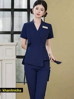 ชุดนวดสปา ชุดช่างเสริมสวยหญิงระดับไฮเอนด์ ชุดพนักงานช่างแช่เท้า ชุดพนักงานศูนย์สุขภาพความงาม สีกรม สีเทา