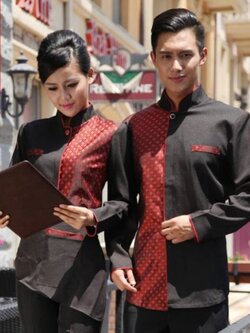 ชุดพนักงานร้านอาหารลายไทย ชุดพนักงานเสริฟ ชุดพนักงานบริกร แขนยาว