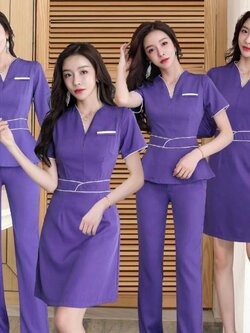 ชุดคลินิกความงาม ชุดนวดสปา ชุดพนักงานต้อนรับ สีม่วง