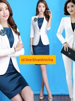ชุดสูทกระโปรงสีฟ้าชุดออฟฟิศ ชุดพนักงานต้อนรับโรงแรม ชุดพนักงานคลินิกความงาม