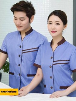 เสื้อแม่บ้าน ชุดพนักงานทำความสะอาด เบลบอย แขนสั้น สีเทา สีเบจ สีฟ้า