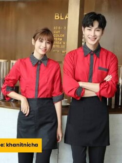 ชุดพนักงานเสริฟร้านอาหาร ชุดพนักงานร้านกาแฟ แขนยาว สีดำ สีแดง สีเขียว