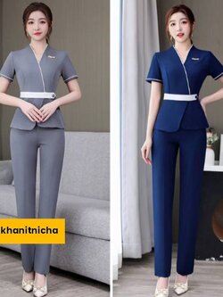 ชุดนวดสปา ชุดพนักงานต้อนรับ ชุดคลินิกเสริมความงาม ชุดช่างเสริมสวย แขนสั้น สีกรมท่า สีเทา