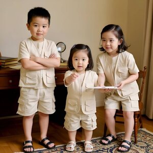 งานชุดเสื้อกั๊กกางเกงขาสั้น ชุดเด็กนักเดินทาง แค้มป์ปิ้ง เที่ยวสวนสัตว์ สำหรับลูกชาย ลูกสาว สีธรรมชาติ มีหลายไซร์