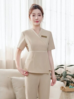 ชุดร้านเสริมสวยหญิงระดับไฮเอนด์ ช่างเสริมสวยแช่เท้า ชุดนวดสปา สีเขียวเข้ม สีครีม สีกรม แยกขายเสื้อ