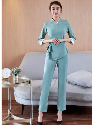 ชุดนวดสปา ชุดพนักงานนวด ชุดพนักงานต้อนรับ สีเขีนวแขนสามส่วน