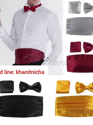 Wlde Cummer bund Belt+เนคไทโบว์+ผ้าเช็ดหน้า สีขาว ดำ แดง เหลือง