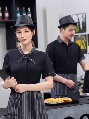 ชุดฟอร์มพนักงานเสริฟสีดำ สีขาว สีแดง ชุดพนักงานร้านอาหาร ชุดร้านกาแฟ โรงแรม รีสอร์ท