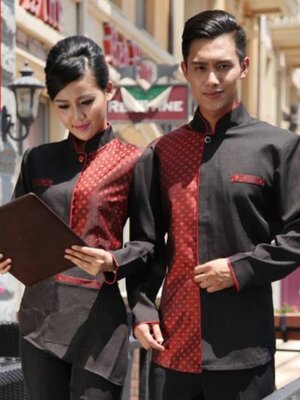 ชุดพนักงานร้านอาหารลายไทย ชุดพนักงานเสริฟ ชุดพนักงานบริกร แขนยาว