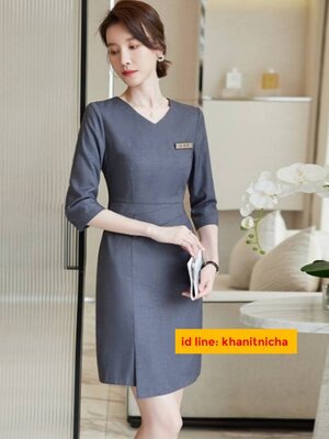 ชุดเดรส ชุดพนักงานต้อนรับโรงแรม ชุดพนักงานขาย สีเทา สีดำ
