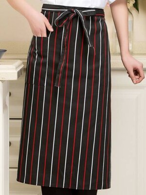 ผ้ากันเปื้อนสีแดงขาวลายทาง ผ้ากันเปื้อนเชฟ ผ้ากันเปื้อนกุ๊ก พ่อครัว แม่ครัว