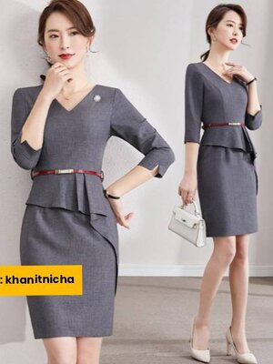ชุดเดรส ชุดพนักงานต้อนรับ สีเทา