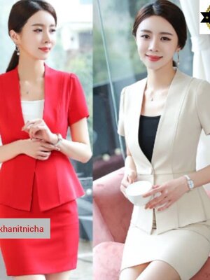 ชุดสูทกระโปรง ชุดพนักงานต้อนรับโรงแรม ชุดคลินิกความงาม สีครีม สีแดง สีดำ