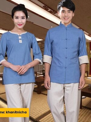 ชุดพนักงานร้านนวดสปา นวดแผนไทย ชุดพนักงานสปาชายหญิงสีฟ้า