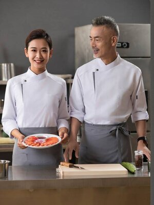 เสื้อเชฟสีฟ้า สีดำ สีขาว เสื้อกุ๊กโรงแรม ชุดฟอร์มพนักงาน