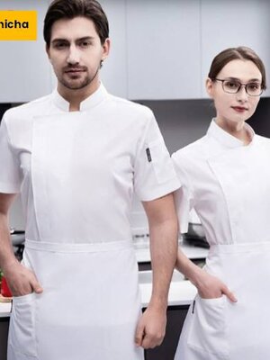 เสื้อเชฟ เสื้อกุ๊ก แขนสั้น กระดุมซ่อน สีดำ สีขาว สีเทา