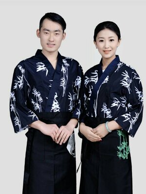 เสื้อซูชิลายต้นไผ่สีน้ำเงิน ชุดฟอร์มพนักงานร้านอาหารญี่ปุ่น เกาหลี