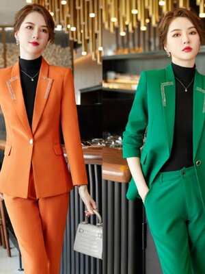 ชุดพนักงานต้อนรับโรงแรม ชุดพนักงานคลินิกความงาม ชุดสูทสีส้ม สีเขียว สีดำ