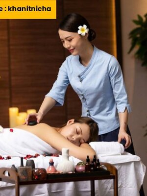 ชุดนวดสปาหญิง ชุดสปาโรงแรม ชุดนวดแผนไทย สีฟ้า สีเบส สีขาว