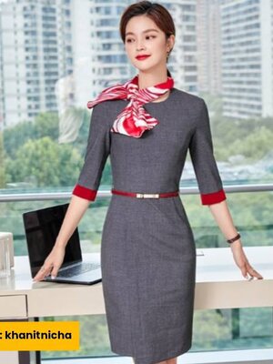 ชุดเดรส ชุดพนักงานต้อนรับ ชุดพนักงานออฟฟิศ ชุดพนักงานขาย สีเทา