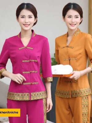 ชุดนวดสปาหญิง ชุดสปาโรงแรม ชุดนวดแผนไทย สีชมพูบานเย็น สีส้ม