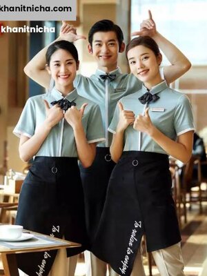 ชุดพนักงานเสริฟ ชุดพนักงานร้านอาหาร ร้านกาแฟ ชุดพนักงานบริการ สีเขียว