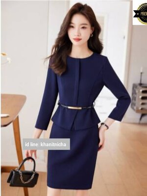 ชุดทำงานกระโปรงสีครีม สีกรม ชุดต้อนรับ ชุดคลินิกความงาม เรียบหรู