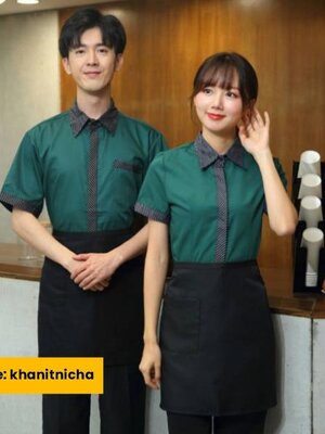 ชุดฟอร์มพนักงานเสริฟ ชุดพนักงานร้านกาแฟ ชุดพนักงานร้านอาหาร แขนสั้น สีเขียว สีดำ สีแดง