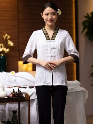 ชุดนวดสปา ชุดนวดไทย ชุดพนักงานนวดชาย หญิง สีขาว สีดำ สีกรม สีแดง สีม่วง