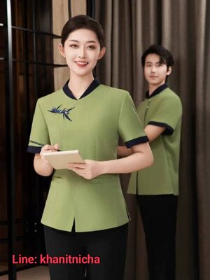 ชุดพนักงานทำความสะอาด เสื้อแม่บ้าน พ่อบ้าน เบลบอย สีเขียวอ่อน สีเขียวเข้ม สีฟ้า สีเทาอ่อน สีเทาเข้ม