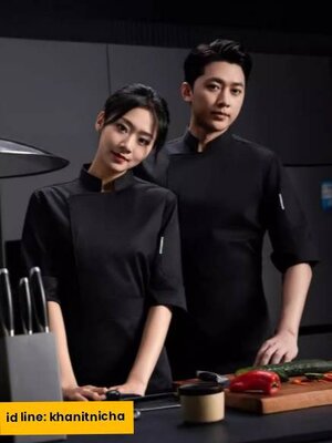 เสื้อเชฟ แขนสามส่วน กระดุมซ่อน สีดำ สีขาว สีเทา