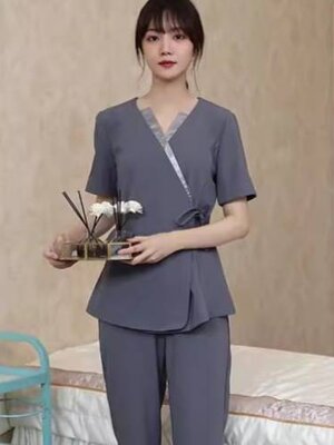 ชุดร้านนวดสปาสีเทา ชุดคลินิกความงาม ชุดพนักงานต้อนรับ