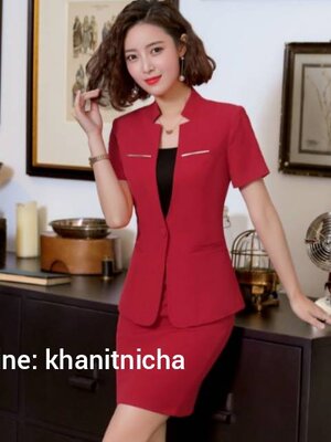 ชุดสูทกระโปรงแขนสั้น ชุดสูทกางเกง ชุดพนักงานต้อนรับ ชุดคลินิกความงาม สีแดง สีดำ สีเทา