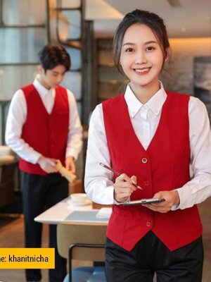 เสื้อกั๊ก เสื้อกั๊กพนักงานร้านอาหาร เสื้อกั๊กพนักงานผับ บาร์ สีแดง สีดำ